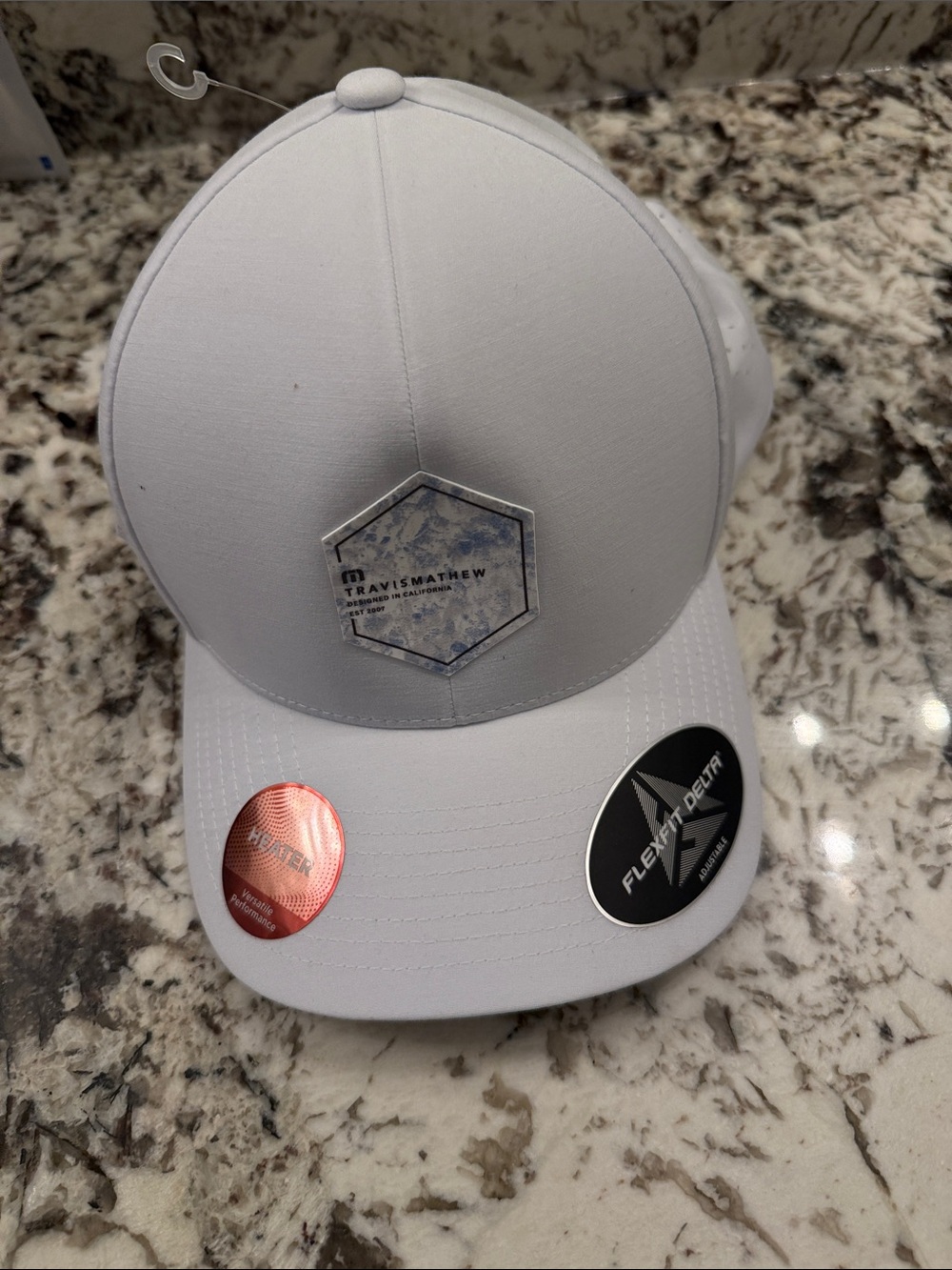 Travis Mathew Men’s White Hex Patch Performance Hat..NEW..tags on
